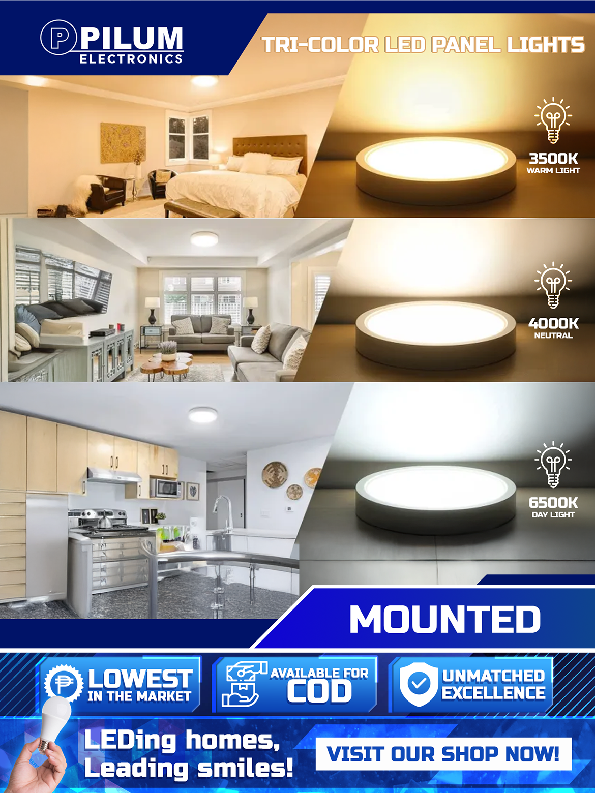 Tri-color Mounted 6- LED Panel Light