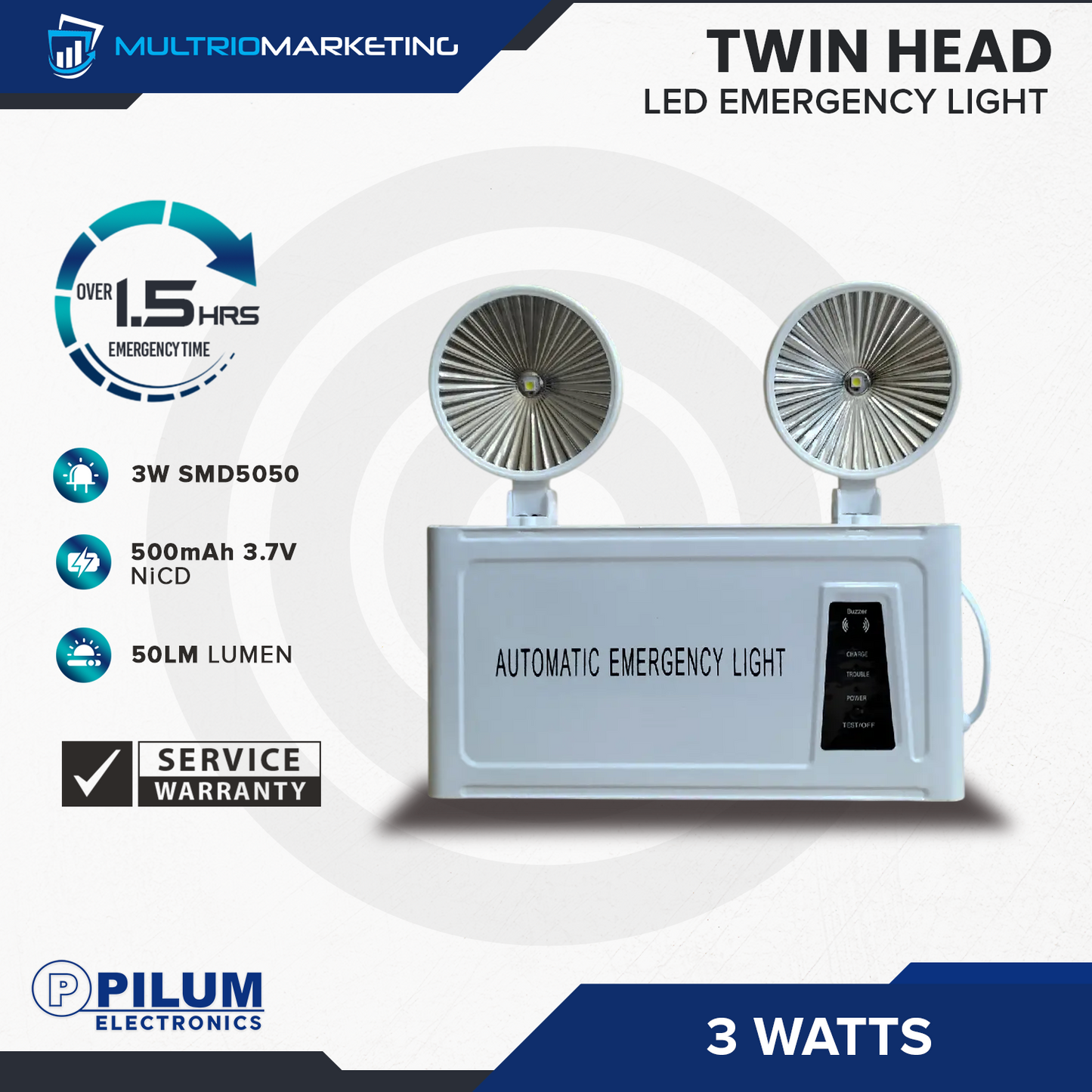 LED Emergency Light - Twin Head 3W - Flat Glass