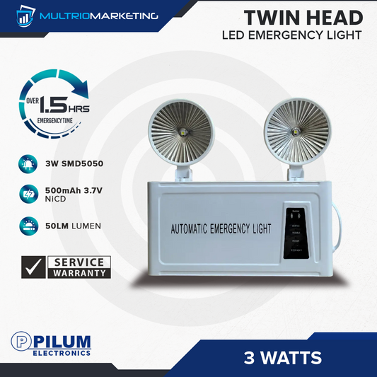 LED Emergency Light - Twin Head 3W - Flat Glass
