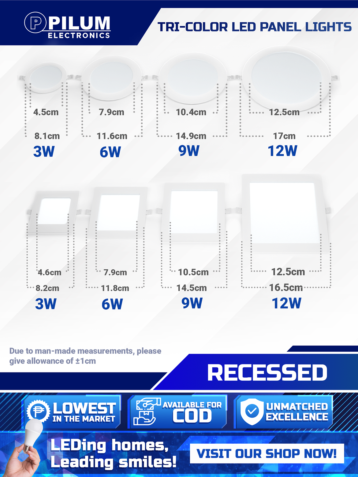 Tri-color Recessed - LED Panel Light